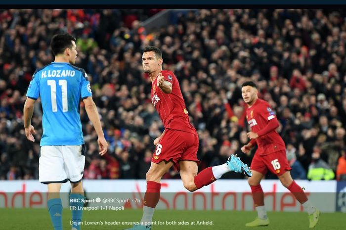 Liverpool butuh gol Dejan Lovren untuk menghindarkan diri dari kekalahan melawan Napoli di Anfield, 27 November 2019.