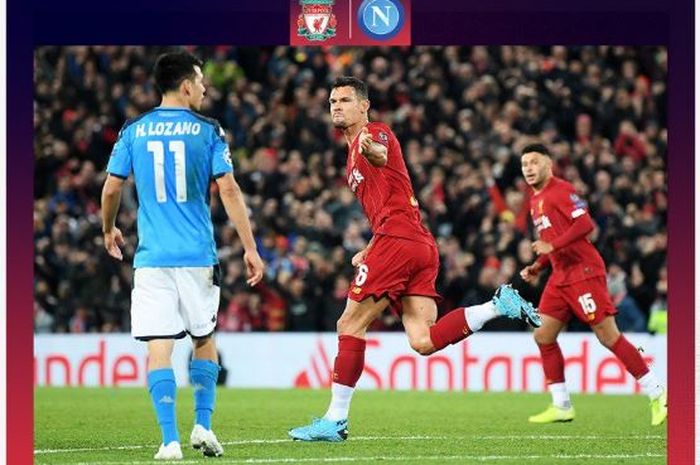 Bek Liverpool, Dejan Lovren (tengah), merayakan gol yang dicetak ke gawang Napoli dalam laga Grup E Liga Champions di Stadion Anfield, Rabu (27/11/2019).