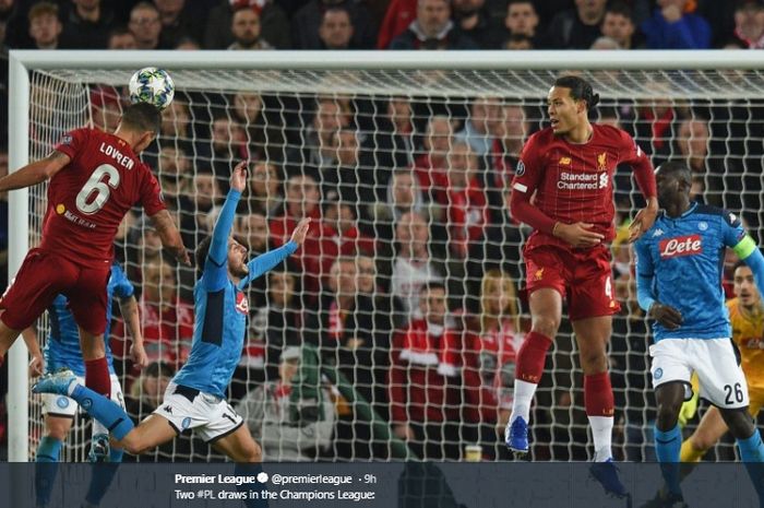 Proses terjadinya gol Dejan Lovren ke gawang Napoli pada matchday kelima Liga Champions di Stadion Anfield, Rabu (27/11/2019).