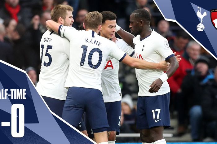 Para pemain Tottenham Hotspur merayakan gol yang dicetak oleh Dele Alli (kedua dari kanan) dalam laga Liga Inggris melawan Bournemouth di Tottenham Hotspur Stadium, Sabtu (30/11/2019).