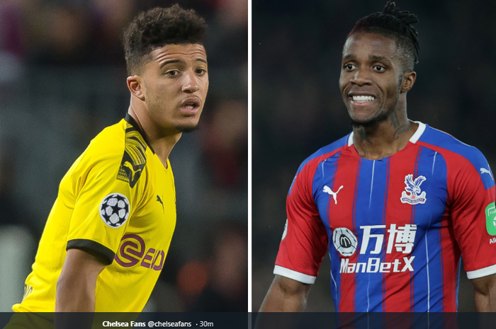 Jadon Sancho (Kiri) dan Wilfried Zaha, pemain yang kabarnya diincar oleh Chelsea untuk gantikan Willian