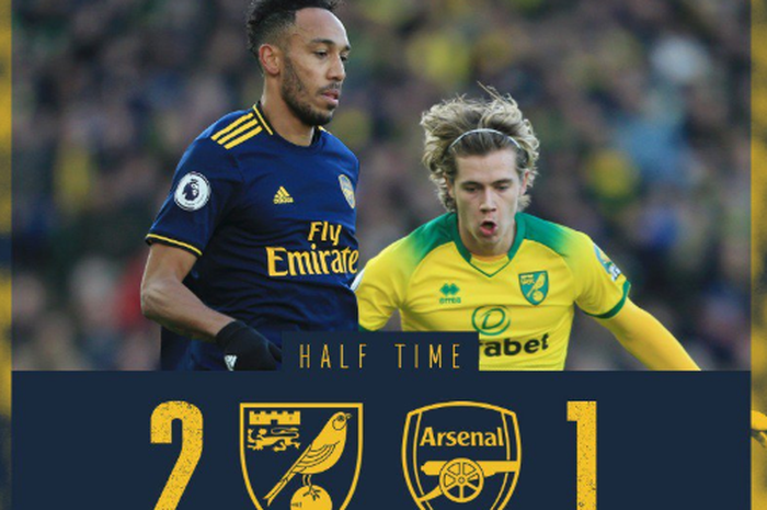 Laga Norwich City vs Arsenal di pekan ke-14 Liga Inggris, Minggu (1/12/2019) di Carrow Road, berakhir dengan skor 2-1 pada babak pertama.