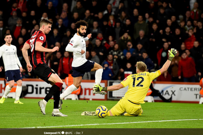 Momen Mohamed Salah saat mencetak gol ketiga Liverpool ke gawang Bournemouth, Sabtu (7/12/2019)