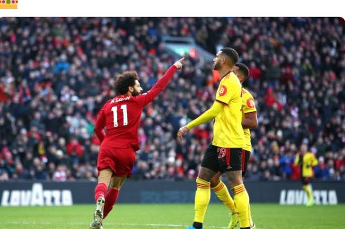 Penyerang Liverpool, Mohamed Salah, merayakan gol yang dicetak ke gawang Watford dalam laga Liga Inggris di Stadion Anfield, Sabtu (14/12/2019).