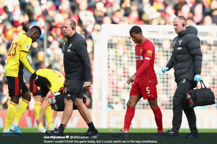 Momen Georginio Wijnaldum meninggalkan lapangan usai diterpa cedera kala membela Liverpool melawan Watford, Sabtu (14/12/2019).