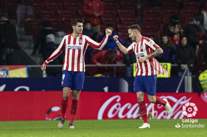 Selebrasi Alvaro Morata dan Saul Niguez usai mmebawa Atletico AMadrid menang 2-0 atas Osasuna di Stadion Wanda Metropolitano, Sabtu (14/12/2019) atau Minggu dini hari WIB.