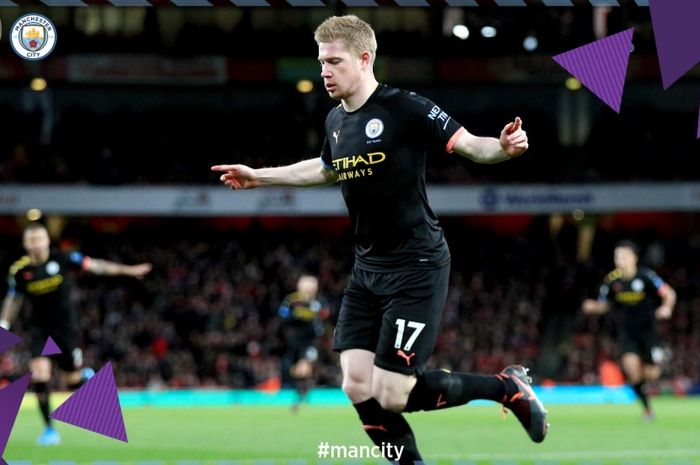 Selebrasi Kevin De Bruyne saat  membobol gawang Arsenal untuk kedua kalinya pada laga di Stadion Emirates, Minggu (15/12/2019).