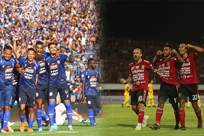 Foto Kiri: Pemain Arema FC merayakan golnya ke gawang Persebaya Surabaya di Stadion Kanjuruhan, Kab. Malang, pada Senin (16/8/2019) . Foto Kanan: Pemain Bali United merayakan golnya ke gawang Bahyangkara FC di Stadion Kapten I Wayan Dipta pada Selasa (21/5/2019).