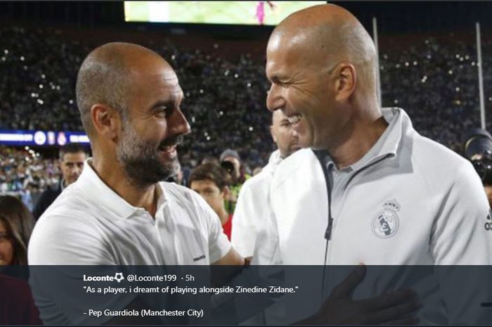 Pep Guardiola (kiri) akan berhadapan dengan Zinedine Zidane saat Manchester City bertemu dengan Real Madrid di Liga Champions