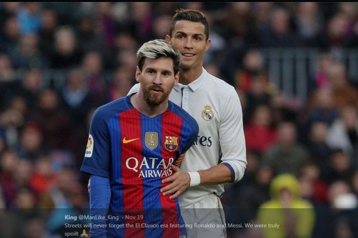 Lionel Messi dan Cristiano Ronaldo dalam partai el clasico antara Barcelona dan Real Madrid.