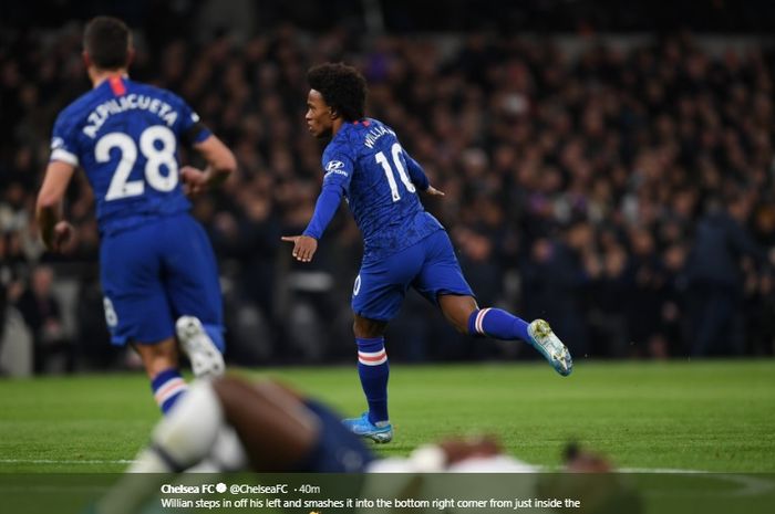 Willian melakukan selebrasi usai membobol gawang Tottenham Hotspur pada laga di Tottenham Stadium, Minggu (22/12/2019).