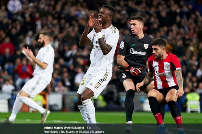 Ekspresi Vinicius Junior usai membuang peluang untuk membobol gawang Athletic Bilbao pada pertandingan di Stadion Santiago Bernabeu, Minggu (22/12/2019).