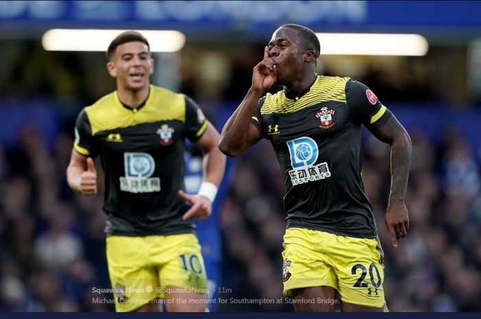 Michael Obafemi merayakan golnya untuk Southampton ke gawang Chelsea pada laga Liga Inggris di Stamford Bridge, London, 26 Desember 2019.