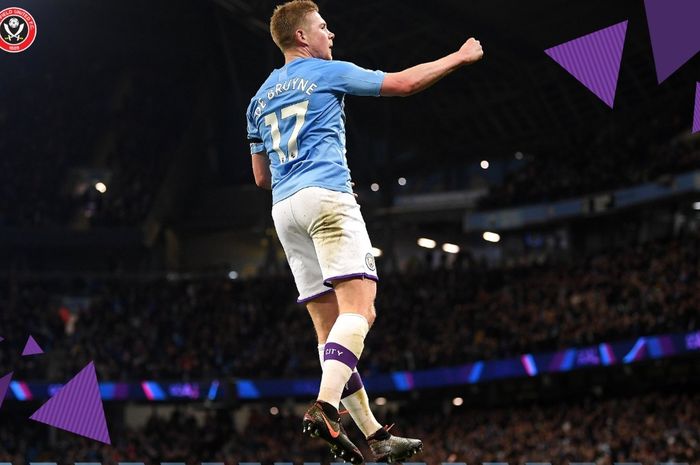 Kevin De Bruyne, merayakan golnya dalam laga Manchester City vs Sheffield United pada pekan ke-20 Liga Inggris, Minggu (29/12/2019).