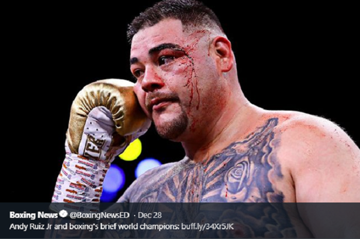 Andy Ruiz Jr saat berduel ulang kontra Anthony Joshua di Diriyah Arena, Ad Diriyah Arab Saudi, Minggu (8/12/2019). Bertanding dalam 12 ronde, Ruiz Jr dinyatakan kalah melalui keputusan mutlak dari Anthony Joshua.