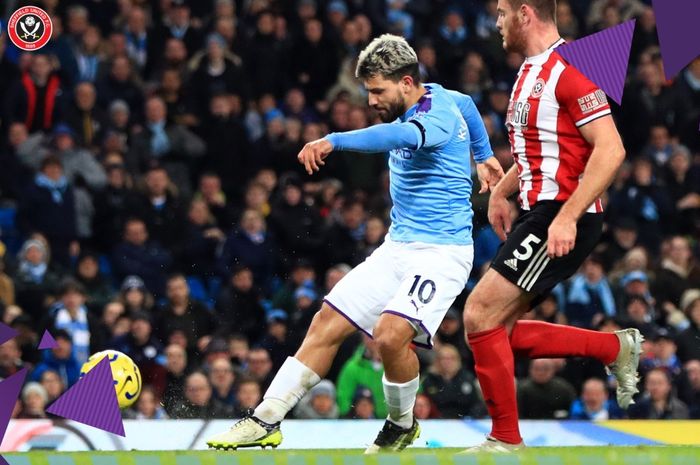 Sergio Aguero mencetak gol dalam laga Manchester City vs Sheffield United pada pekan ke-20 Liga Inggris, Minggu (29/12/2019).