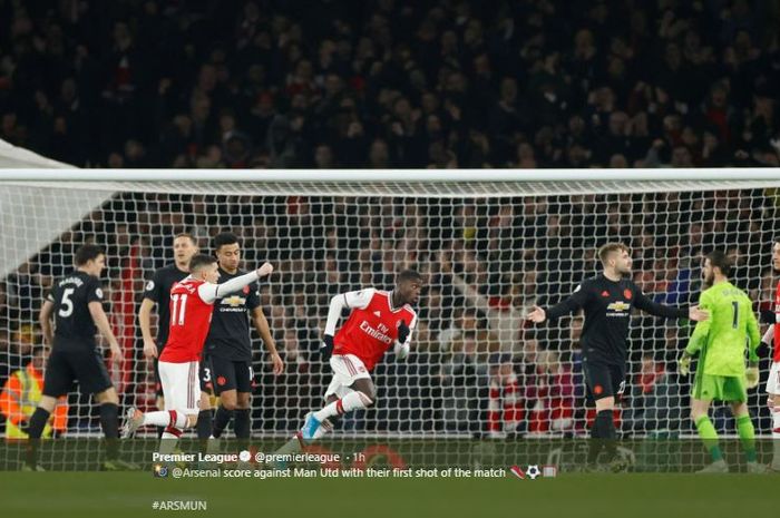 Selebrasi Nicolas Pepe usai menjebol gawang Manchester United, pada laga pekan ke-21 Liga Inggris di STadion Emirates, Rabu (1/1/2020) atau Kamis dini hari WIB.