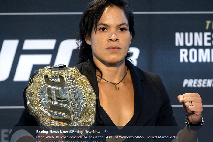 Petarung UFC wanita, Amanda Nunes. Dia dijuluki GOAT (Greatest of all Time) oleh Dana White selaku presiden UFC.