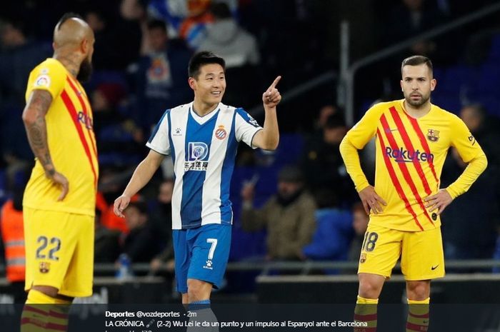 Pemain Espanyol asal China, Wu Lei, sukses menyamakan kedudukan sekaligus menyelamatkan timnya dari kekalahan usai bermain imbang 2-2 melawan Barcelona pada pertandingan pekan ke-19 Liga Spanyol, Sabtu (4/1/2020).