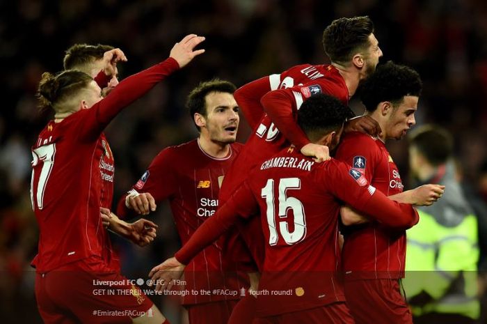 Perayaan gol Curtis Jones dan para pemain Liverpool lainnya di laga derbi Merseysdie, babak ketiga Piala FA, Anfield, Minggu (5/1/2020).