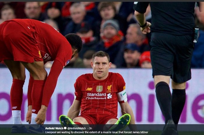 James Milner menderita cedera usai melakoni laga Liverpool kontra Everton pada babak ketiga Piala FA di Stadion Anfield, Minggu (4/1/2020).