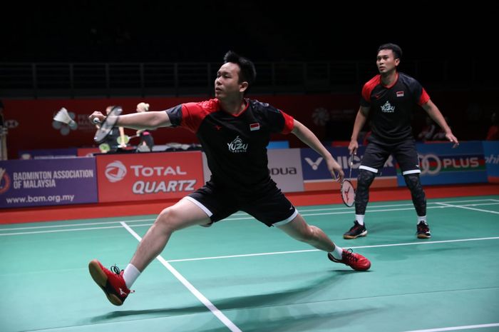 Pasangan ganda putra Indonesia, Mohammad Ahsan/Hendra Setiawan, pada babak pertama Malaysia Masters 2020 di Axiata Arena, Selasa (7/1/2020).