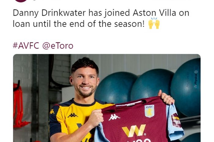 Akun Twitter Aston Villa mengumumkan peminjaman Danny Drinkwater dari Chelsea, Selasa (7/1/2020).