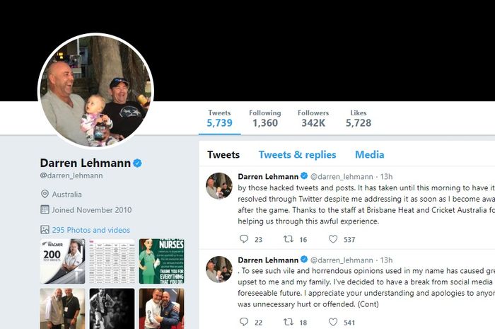 Akun Twitter Darren Lehman yang diretas.