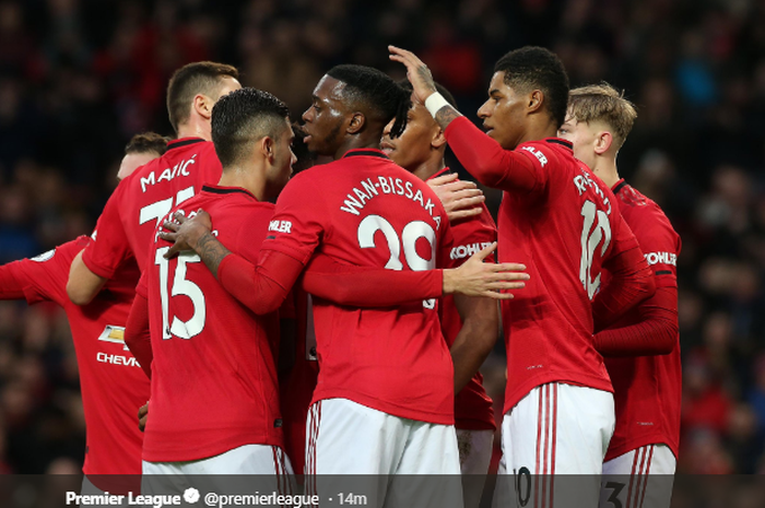 Pemain Manchester United merayakan gol yang dicetak Marcus Rashford ke gawang Norwich di pertandingan pekan ke-22 Liga Inggris, Sabtu (11/1/2019)