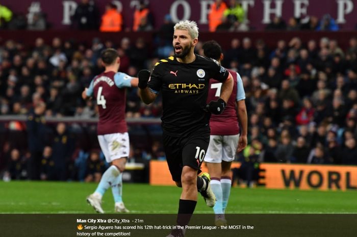 Sergio Aguero merayakan gol yang dicetaknya ke gawang Aston Villa pada pertandingan pekan ke-22 Liga Inggris, Minggu (12/1/2020).