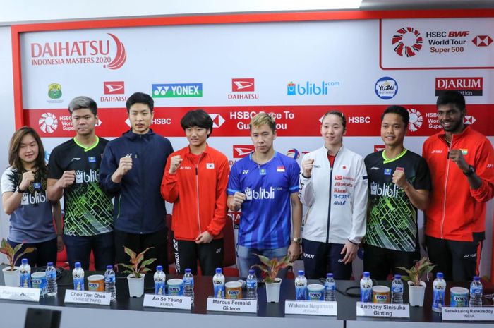 Pebulu tangkis yang hadir pada konferensi pers Indonesia Masters 2020 di Istora Senayan, Jakarta, Senin (13/1/2020)