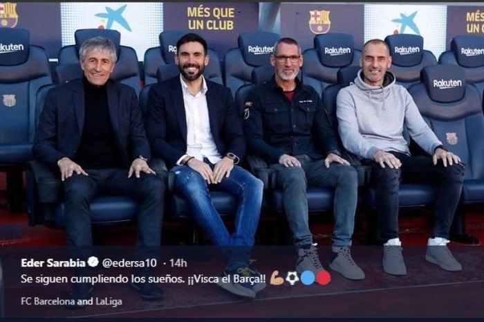 Eder Sarabia (kedua dari kiri) menjadi asisten pelatih Quique Setien di Barcelona.