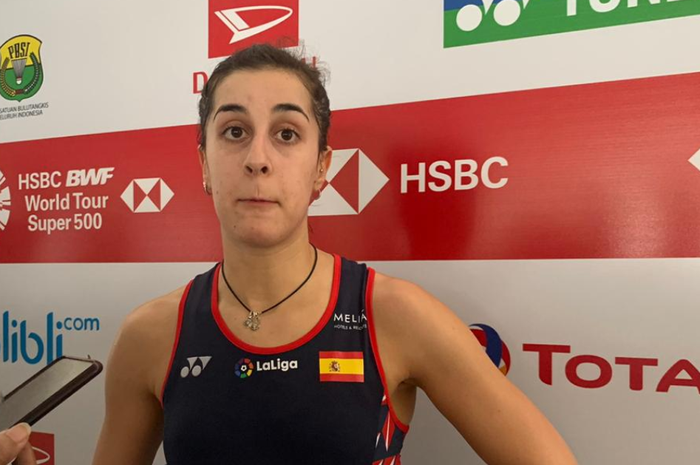 Pebulu tangkis tunggal putri Spanyol, Carolina Marin, ketika ditemui di mixed zone selepas pertandingan babak pertama Indonesia Masters 2020 di Istora Senayan, Jakarta, 15 Januari 2020.