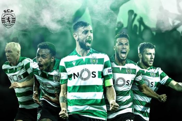 Bruno Fernandes (tengah) masih dipajang paling depan dalam poster pertandingan Sporting CP vs Benfica, 17 Januari 2020.