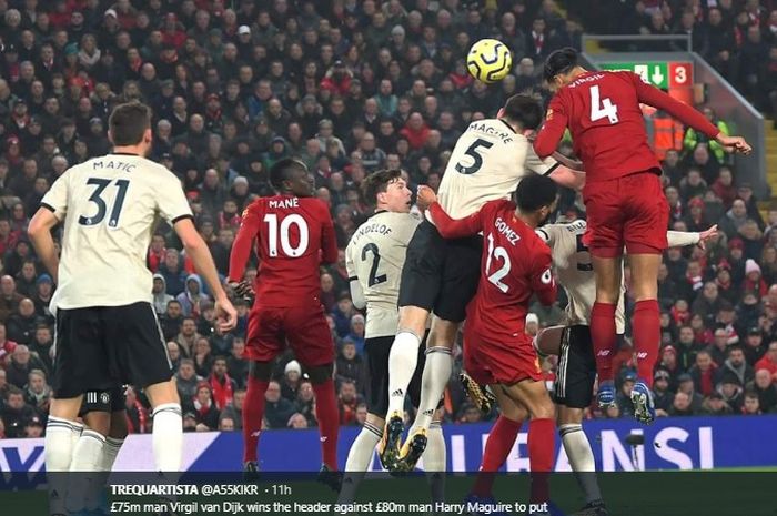 Proses terjadinya gol sundulan Virgil van Dijk ke gawang Manchester United pada laga pekan ke-23 Liga Inggris, Minggu (19/1/2020).