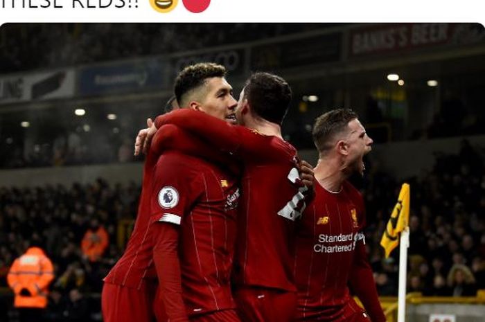 Para pemain Liverpool merayakan gol yang dicetak oleh Roberto Firmino dalam laga Liga Inggris melawan Wolverhampton Wanderers di Stadion Molineux, Kamis (23/1/2020).