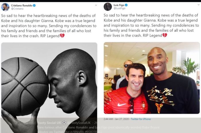 Twit Cristiano Ronaldo dan Luis Figo untuk mengenang Kobe Bryant.