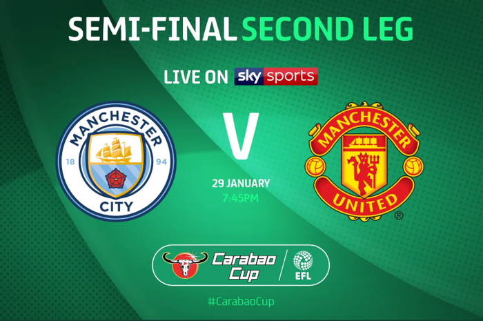 Pertandingan leg kedua Piala Liga Inggris atau Carabao Cup yang mempertemukan Manchester City dengan Manchester United di stadion Etihad, Kamis (30/1/2020) pukul 02.45 dini hari WIB.