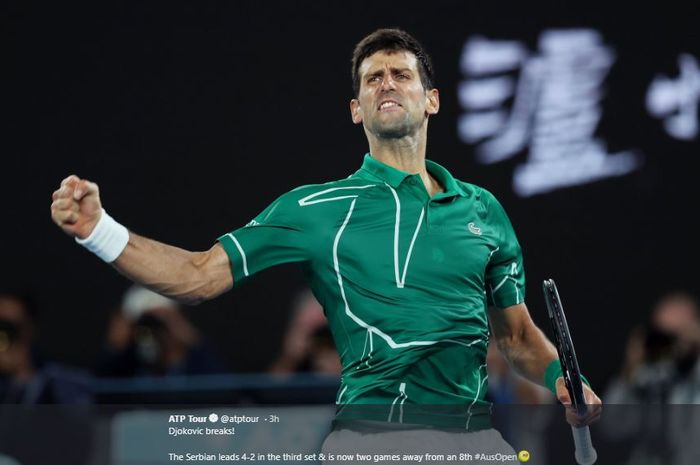 Ekspresi petenis Serbia, Novak Djokovic usai menang pada babak semifinal Australian Open 2020, Kamis (30/1/2020)