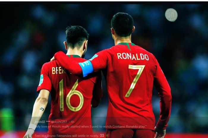 Bruno Fernandes dan Cristiano Ronaldo saat membela timnas Portugal.