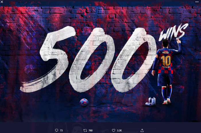 Lionel Messi catatkan kemenangan ke-500-nya di semua pertandingan senior resmi, yang juga mengantar Barcelona ke babak 8 besar Copa Del Rey.