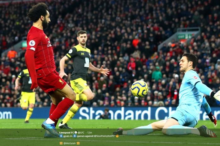 Mohamed Salah mencetak gol saat Liverpool kalahkan Southampton 4-0 di Anfield, Sabtu (1/2/2020).