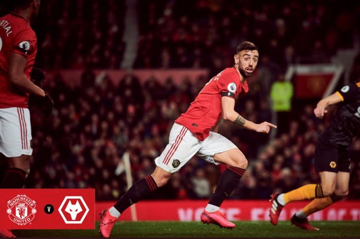 Bruno Fernandes beraksi dalam laga Manchester United vs Wolverhampton pada pekan ke-25 Liga Inggris, Sabtu (1/2/2020) di Old Trafford.