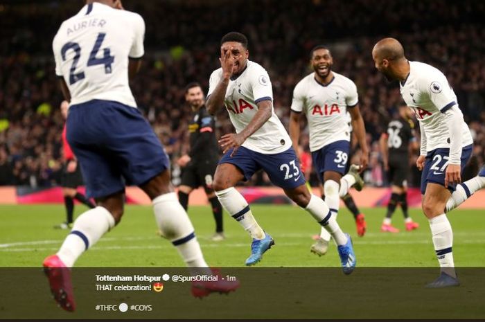 Selebrasi Steven Bergwijn usai menjebol gawang Man City di laga Tottenham Hostpur Vs Manchester City, Minggu (2/2/2020).