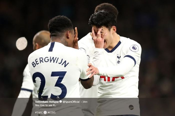 Sukacita Son Heung-min dan Steven Bergwijn setelah Tottenhm Hotspur mampu mengalahkan Manchester City pada laa pekan ke-25 Liga Inggris, Minggu (2/2/2020).