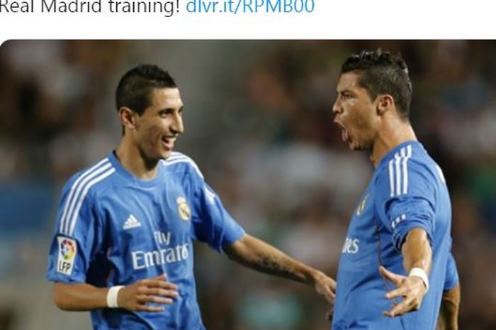 Pemain Real Madrid, Angel Di Maria (kiri), melakukan selebrasi bersama Cristiano Ronaldo.