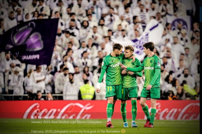 Martin Odegaard (tengah) selepas mencetak gol Real Sociedad ke gawang Real Madrid di Santiago Bernabeu, 6 Februari 2020.