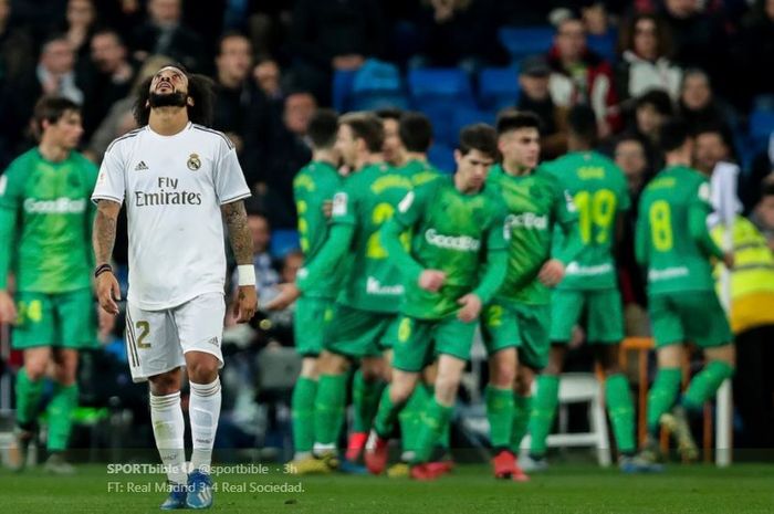 Marcelo meratapi kekalahan Real Madrid dari Real Sociedad di perempat final Copa del Rey, 6 Februari 2020.