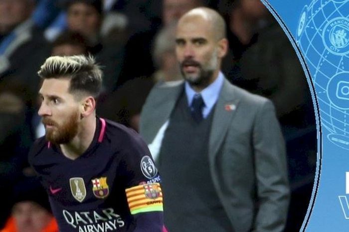 Pelatih Manchester City, Pep Guardiola, melihat ke arah megabintang Barcelona, Lionel Messi.