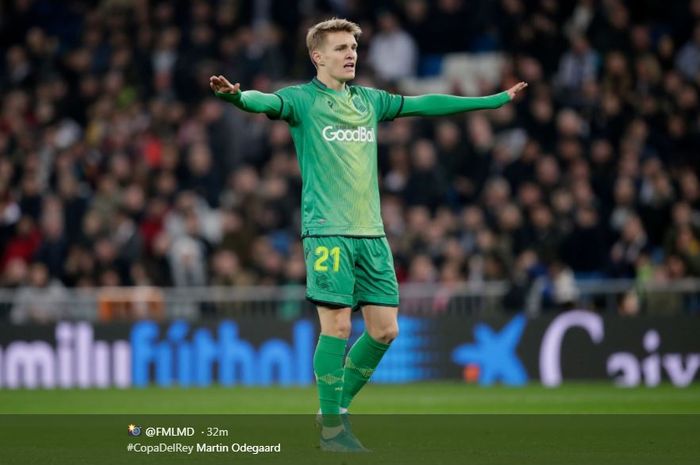 Martin Odegaard mencetak gol Real Sociedad ke gawang Real Madrid pada laga Copa del Rey di Santiago Bernabeu, 6 Februari 2020.